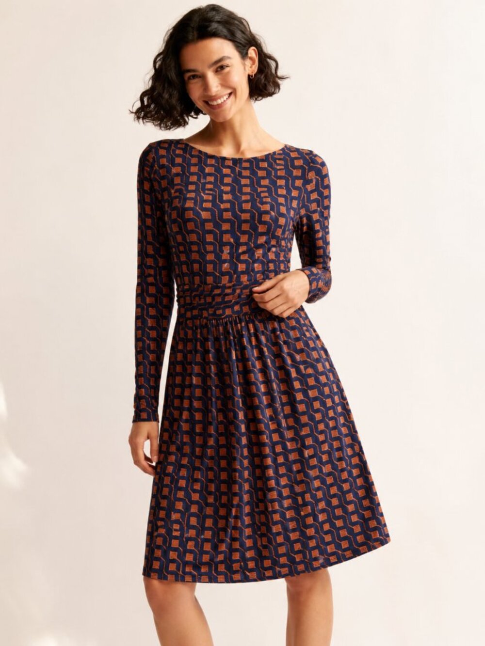Boden Abigail Jersey Dress Navy Cognac Geometric Cube Print US 4R